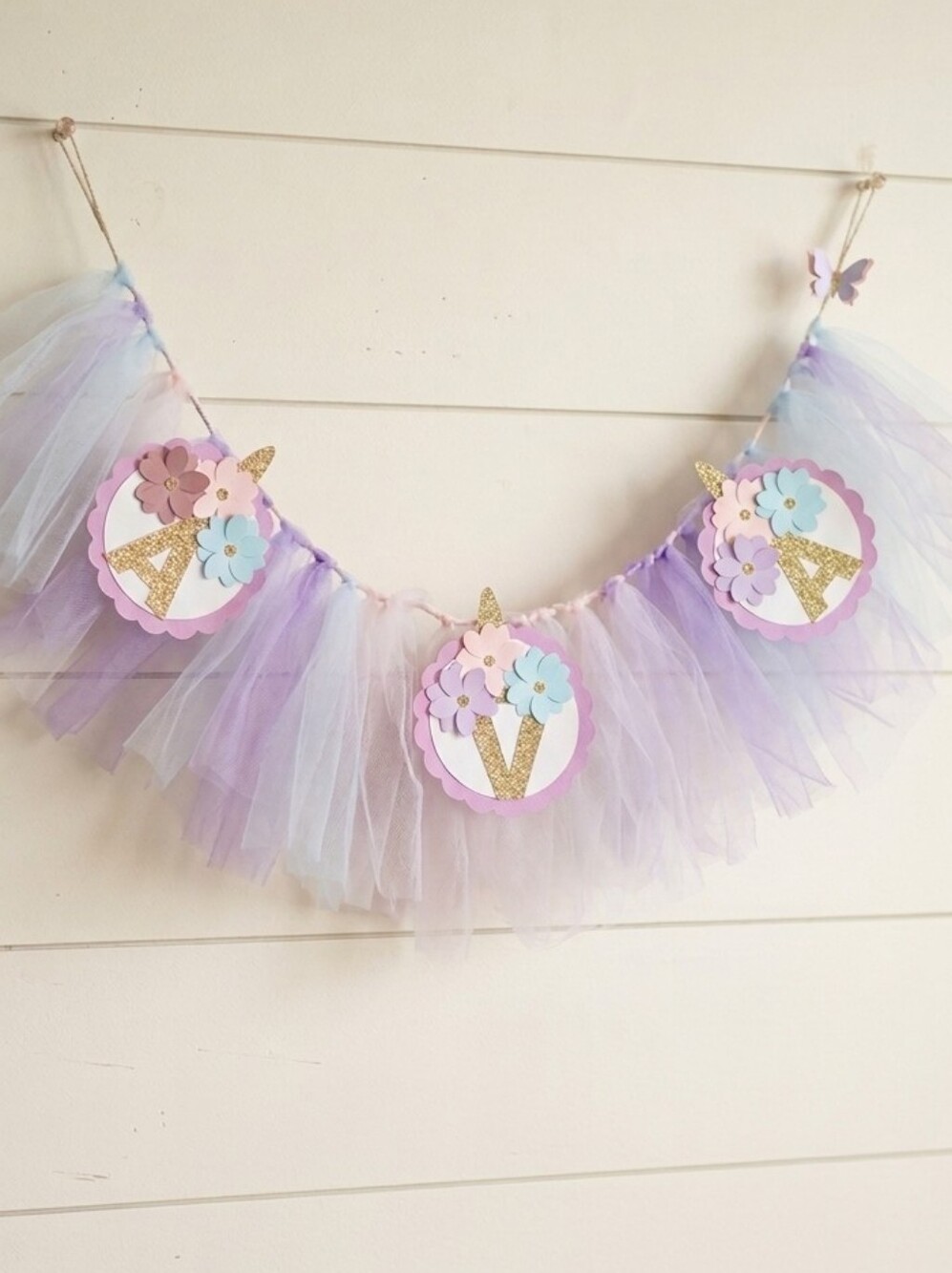 Handmade AVA Unicorn Floral Tulle Garland Party Banner Pastel Pink Purple